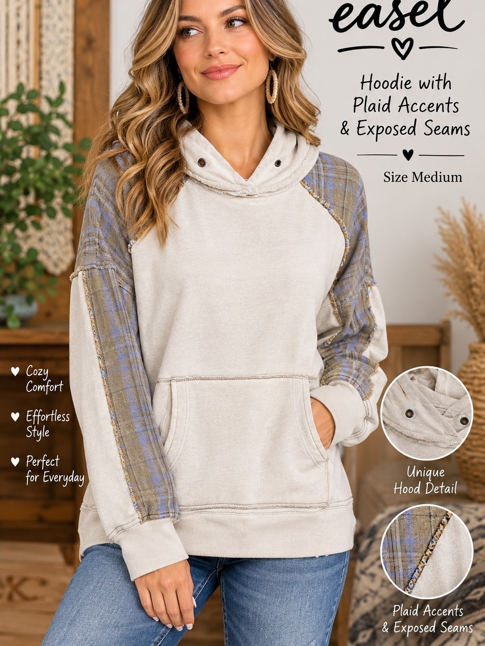 Angels Cream Pullover Hoodie with Blue Plaid Sleeve Accents